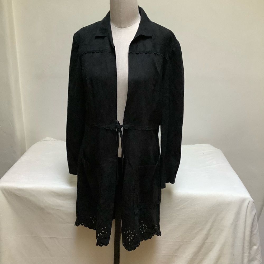 FAUX SUEDE JACKET BLACK TIE FRONT 3/4 LENGTH - Picture 4 of 7